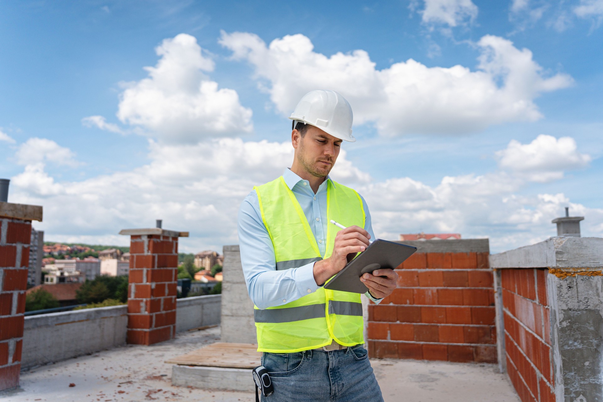 Engineer Reviewing Construction Plans on Site Using Digital Tablet During Inspection